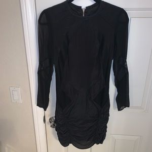 Black silk and mesh with leather stitching dress